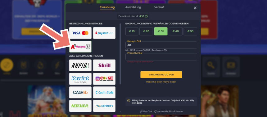 Aufladen im Rolling Slots Casino mit Handyguthaben